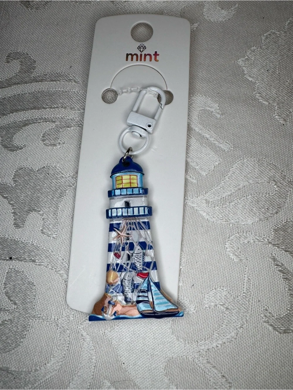New MINT Blue Lighthouse Keychain Zipper Pull Charm